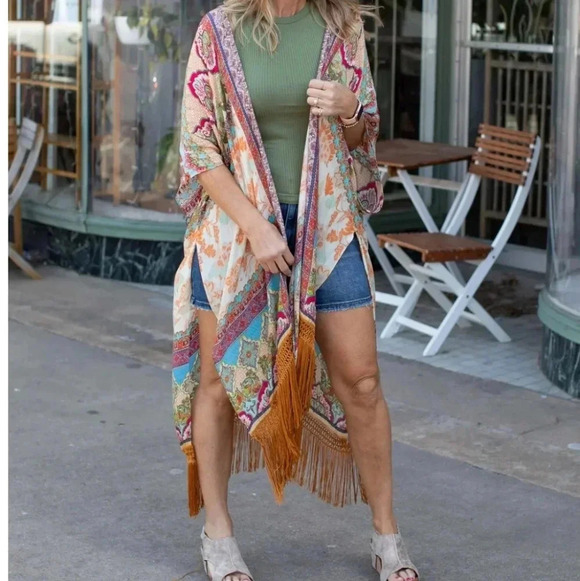 New! Boho Jaquard Print Fringe Kimono Coverup Wrap - Picture 7 of 9